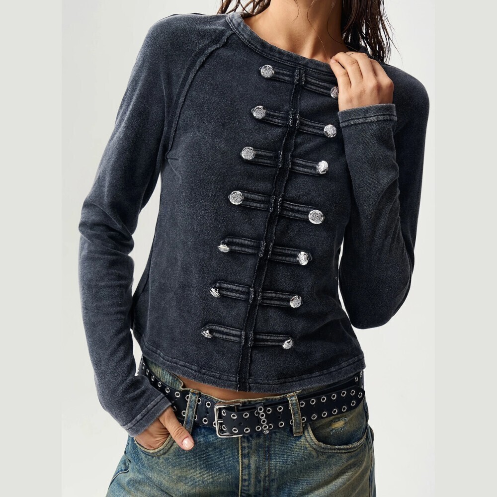 Charcoal Black Military Button Trim Long Sleeve Knit T-Shirt Top